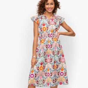 Talbots Smocked Floral Tile Midi Dress Fit & Flare Size 16